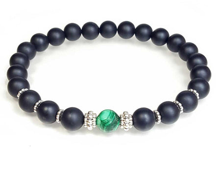 Malachite, Matte Black Onyx and Sterling Silver Beaded Bracelet