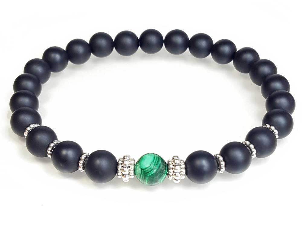 Malachite, Matte Black Onyx and Sterling Silver Beaded Bracelet