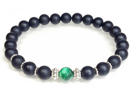 Malachite, Matte Black Onyx and Sterling Silver Beaded Bracelet