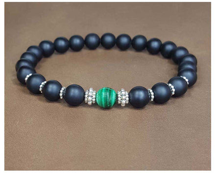 Malachite, Matte Black Onyx and Sterling Silver Beaded Bracelet