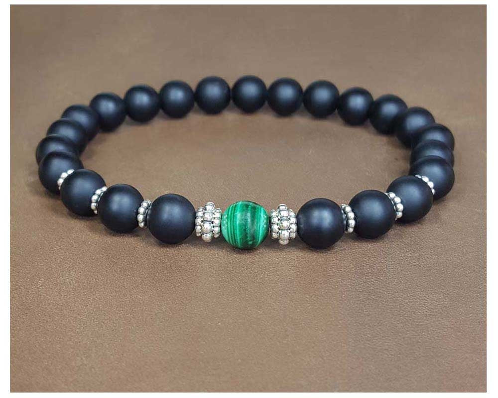 Malachite, Matte Black Onyx and Sterling Silver Beaded Bracelet