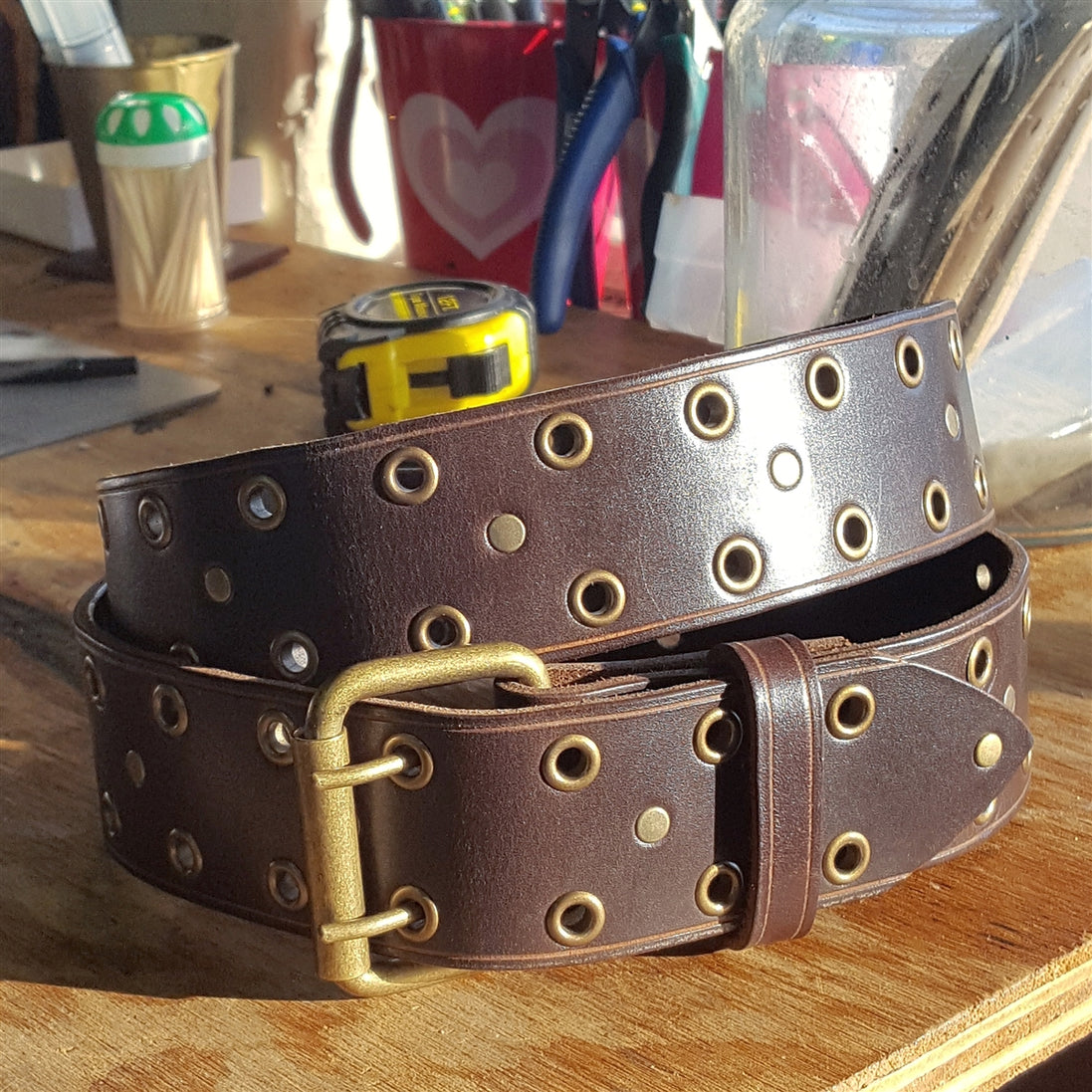 BROWN and Brass Leather Rivets Grommets Belt