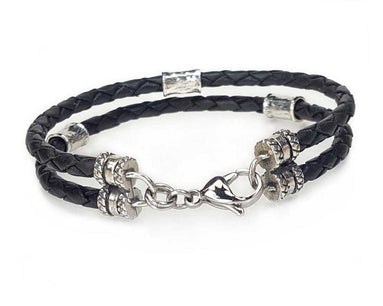 2 Strand Leather Bolo Cord Bracelet with Sterling Silver Beads - Black
