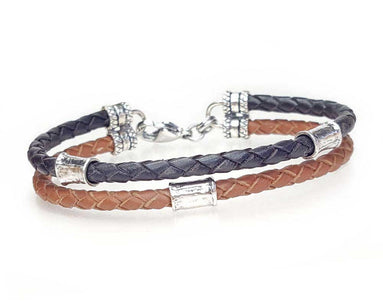 Saddle and Brown 2 Strand Leather Bracelet with Silver Beads