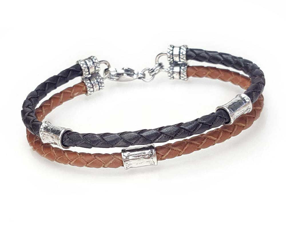 2 Strand Leather Bolo Cord Bracelet with Sterling Silver Beads - Saddle and Brown