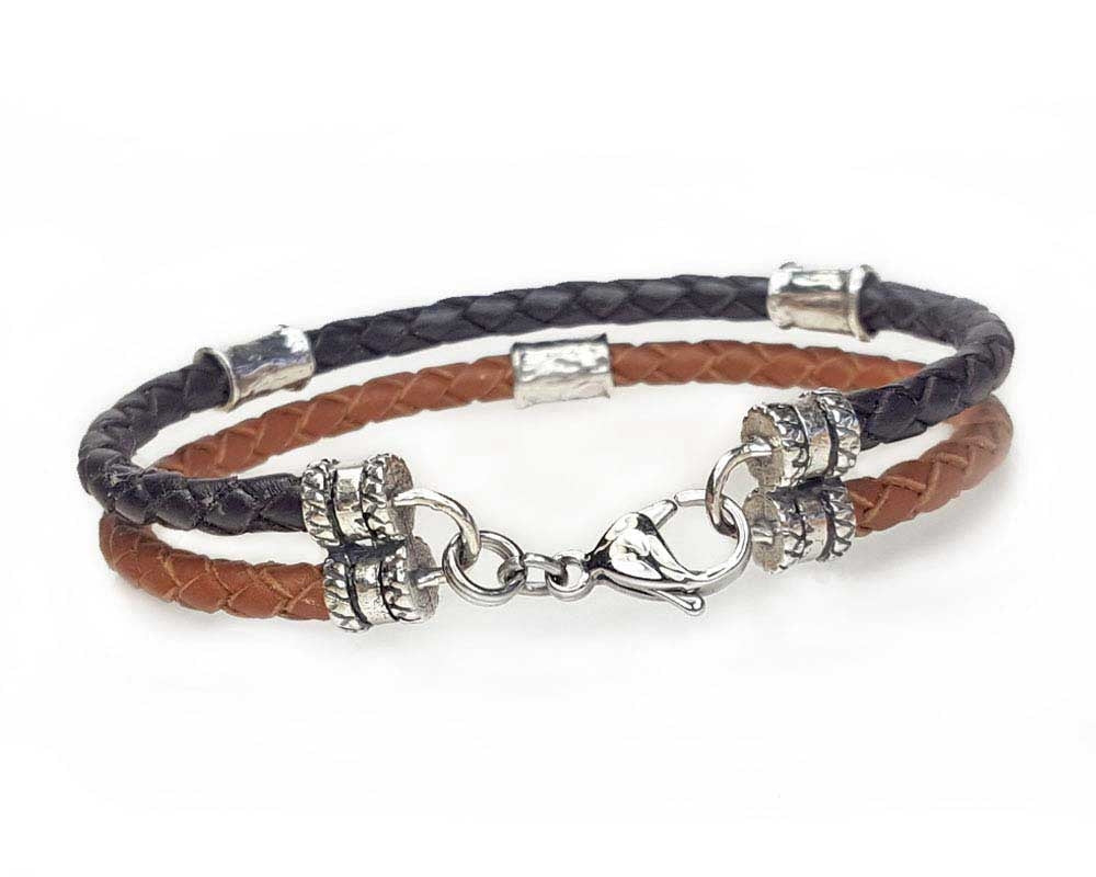 2 Strand Leather Bolo Cord Bracelet with Sterling Silver Beads - Saddle and Brown