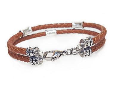 2 Strand Leather Bolo Cord Bracelet with Sterling Silver Beads - Saddle