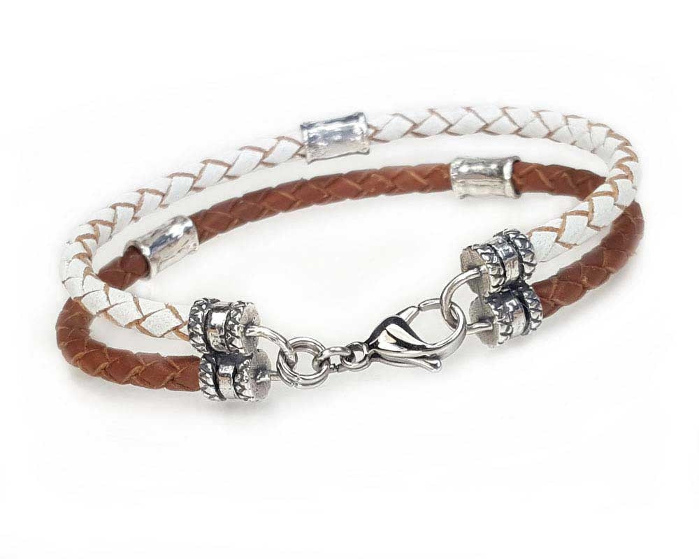 2 Strand Leather Bolo Cord Bracelet with Sterling Silver Beads - Saddle and White