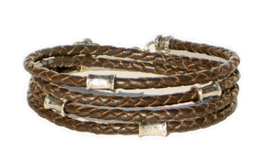 BROWN Leather Double Double Bracelet with 4 mm Silver Beads