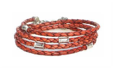 RUST Leather Double Double Bracelet with 4 mm Silver Beads