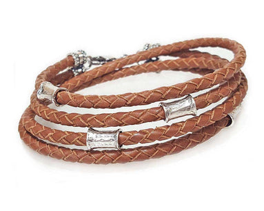 SADDLE Leather Double Double Bracelet with 4 mm Silver Beads