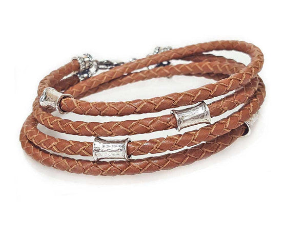 SADDLE Leather Double Double Bracelet with 4 mm Silver Beads