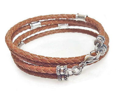 Stacked Double Wrap Leather Cord Bracelet with Silver Beads - Saddle