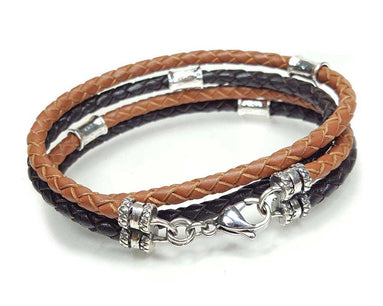 Stacked Double Wrap Leather Cord Bracelet with Silver Beads - Saddle and Dark Brown