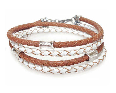 SADDLE and WHITE Leather Double Double Bracelet with 4 mm Silver Beads