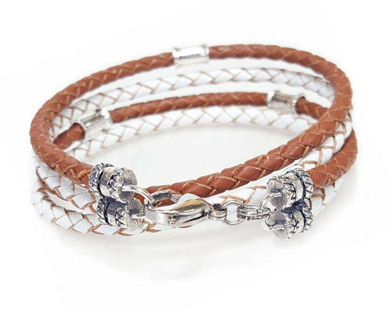 Stacked Double Wrap Leather Cord Bracelet with Silver Beads - Saddle and White