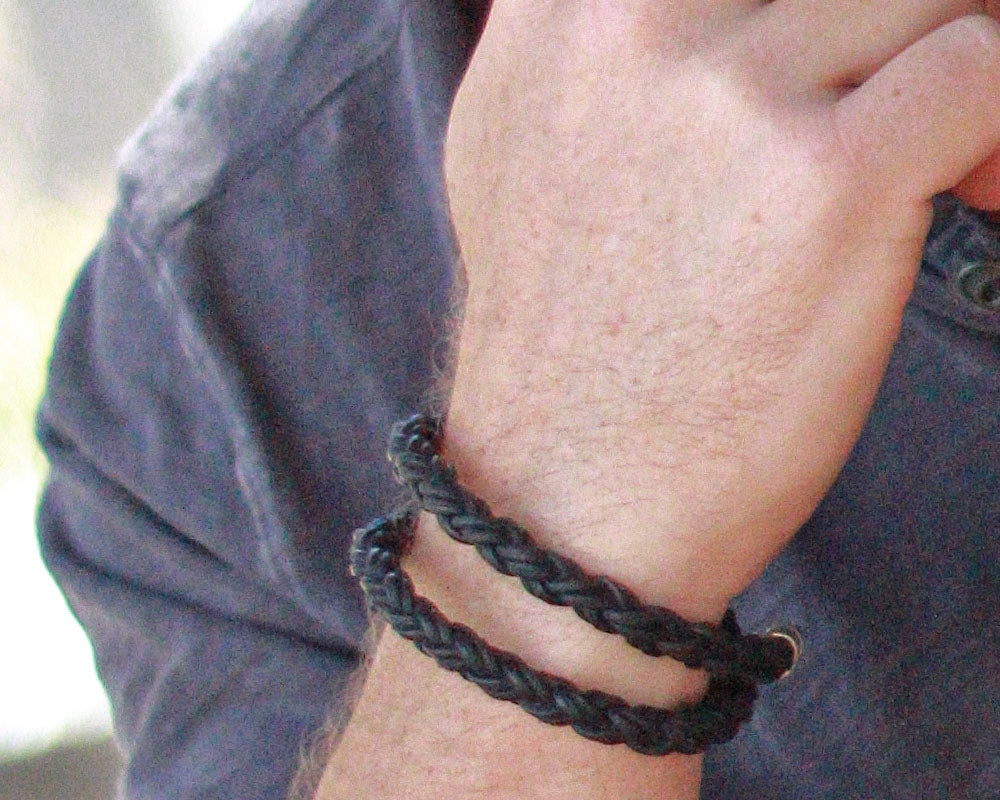Double Wrap Braided Leather Rope Bracelet - Black