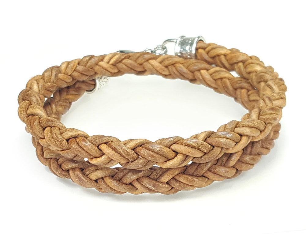 Double Wrap Braided Leather Rope Bracelet - Tan