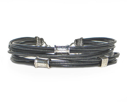 Multi Strand Leather Cord Bracelet with Sterling Silver Beads - Black
