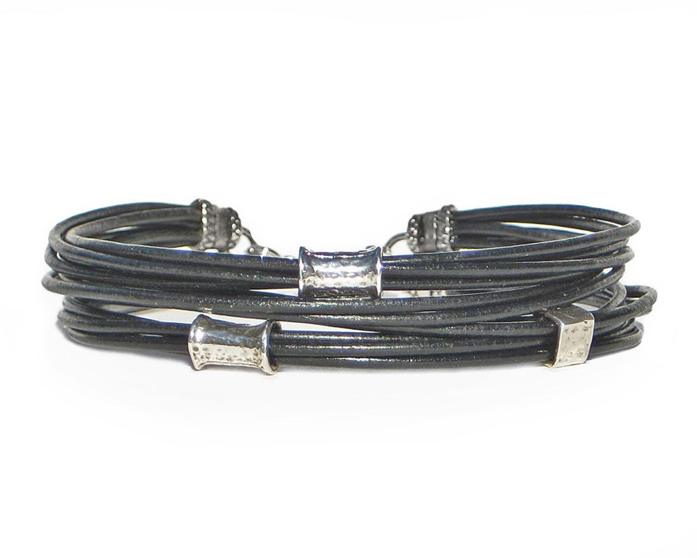 Multi Strand Leather Cord Bracelet with Sterling Silver Beads - Black