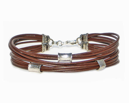 Multi Strand BROWN Leather Cord Bracelet with Silver Beads