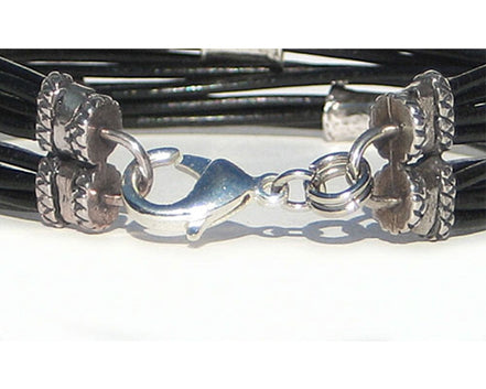 Multi Strand BROWN Leather Cord Bracelet with Silver Beads - detail view