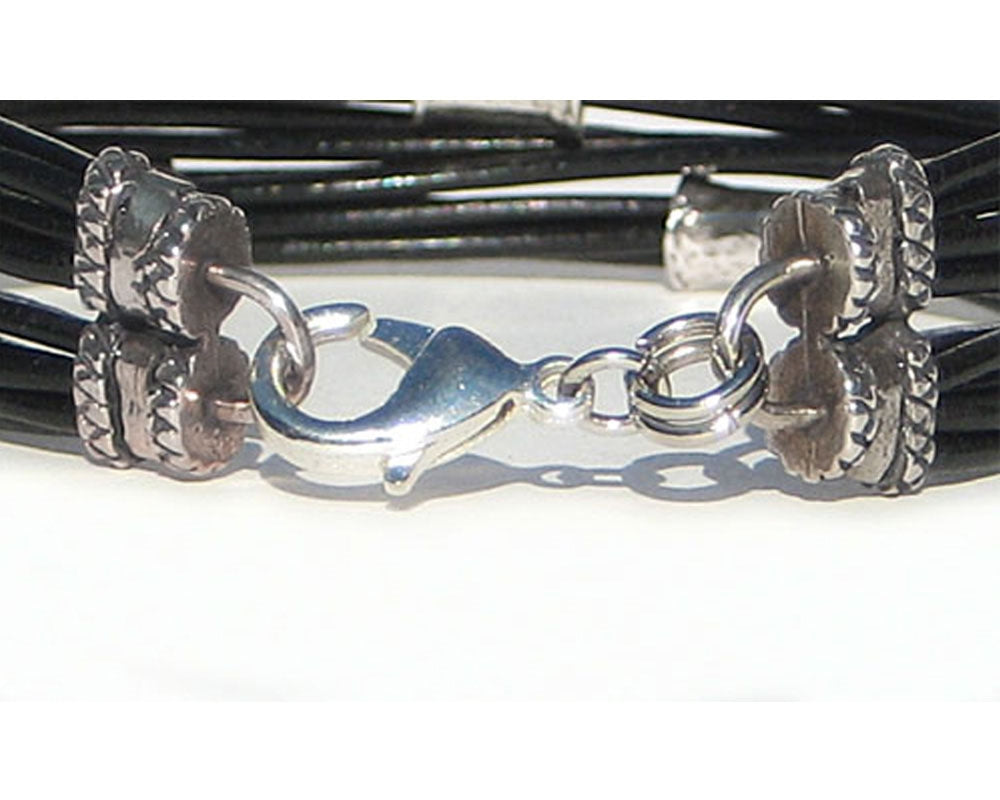 Multi Strand BROWN Leather Cord Bracelet with Silver Beads - detail view