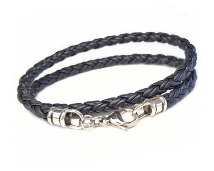 Double Wrap Skinny Braided Leather Bracelet - Black