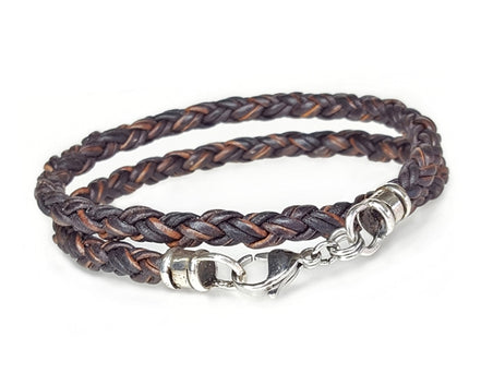 Double Wrap Skinny Braided Leather Bracelet - Brown