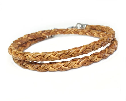 Skinny NATURAL TAN DOUBLE Wrap Braided Leather Bracelet