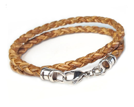 Double Wrap Skinny Braided Leather Bracelet - Tan
