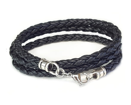 Triple Wrap Skinny Braided Leather Bracelet - Black