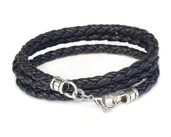 Triple Wrap Skinny Braided Leather Bracelet - Black