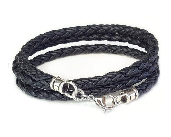 Triple Wrap Skinny Braided Leather Bracelet - Black