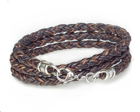 Triple Wrap Skinny Braided Leather Bracelet - Brown