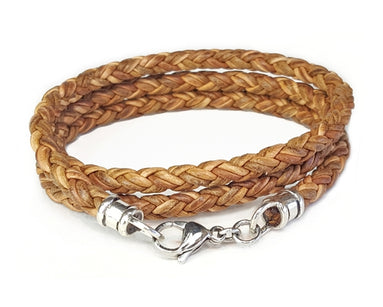 Triple Wrap Skinny Braided Leather Bracelet - Tan