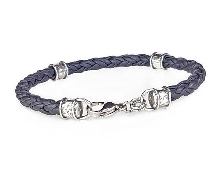 Skinny Braided Leather Bracelet with Sterling Silver Beads - Black