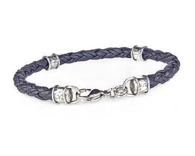 Skinny Braided Leather Bracelet with Sterling Silver Beads - Black