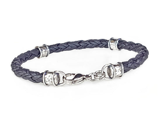 Skinny Braided Leather Bracelet with Sterling Silver Beads - Black