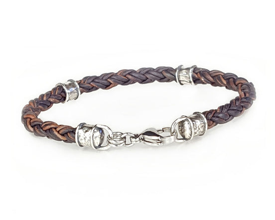 Skinny Braided Leather Bracelet with Sterling Silver Beads - Brown