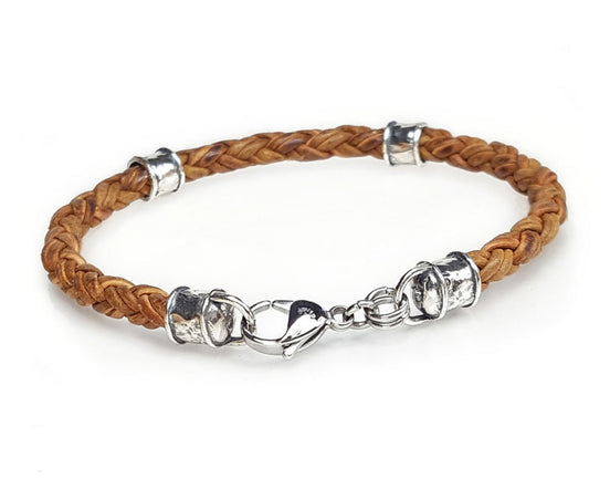 Skinny Braided Leather Bracelet with Sterling Silver Beads - Tan