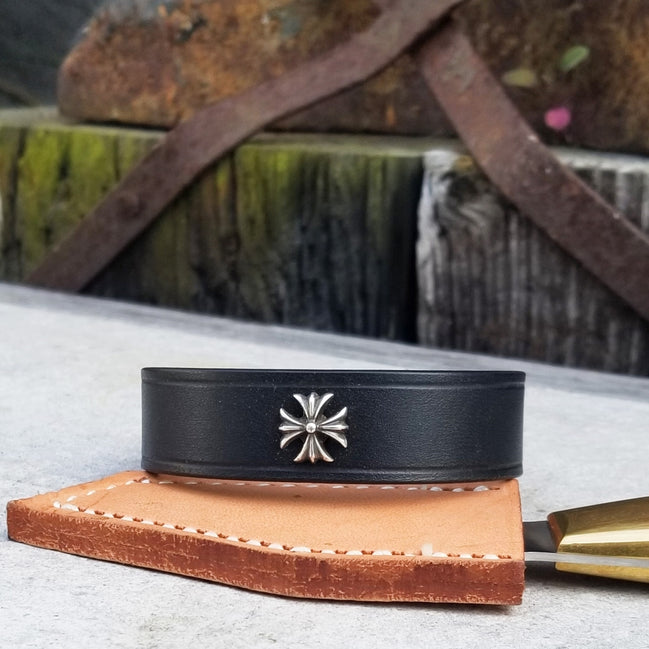 Iron Cross, Maltese Cross Medallion 3/4" BLACK Leather Wristband