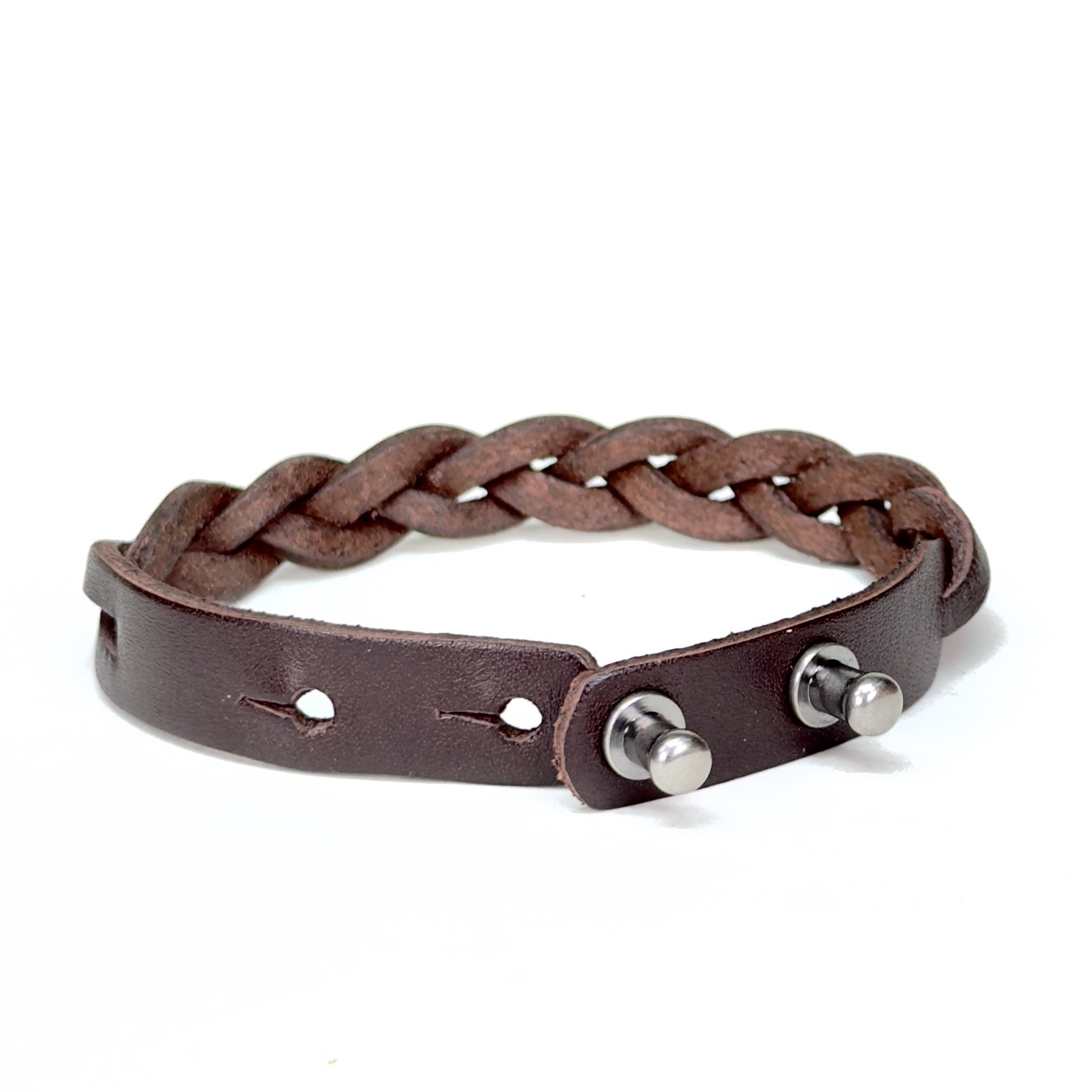 Leather Braid Bracelet brown closure with Silver Posts - handmade leather bracelet - Lucky Dog Leather