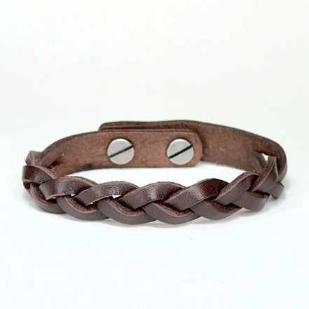 Leather Braid Bracelet in Brown with Silver Posts - handmade leather bracelet - Lucky Dog Leather