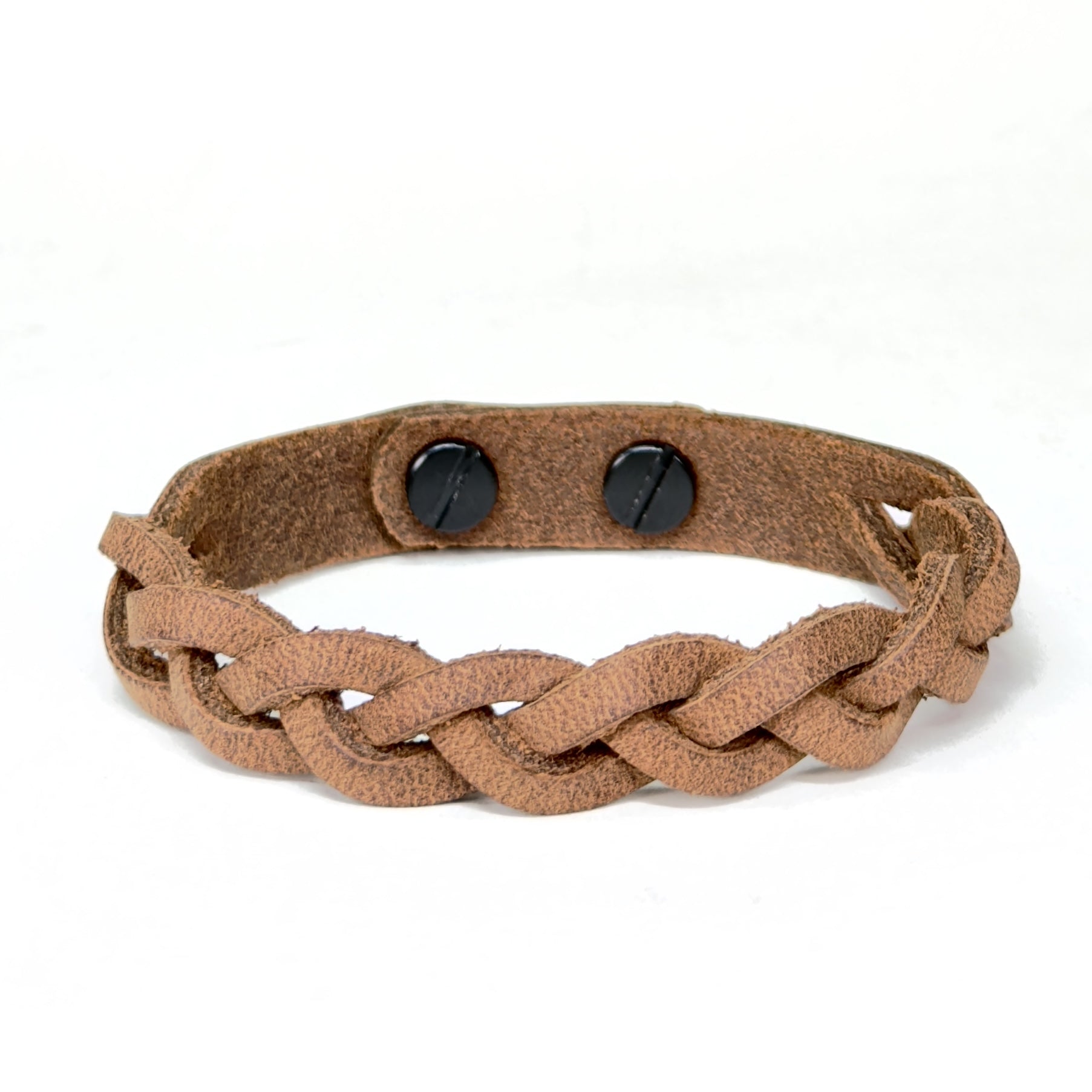Leather Braid Bracelet in Crazy Horse Tan with Black Posts - handmade leather bracelet - Lucky Dog Leather