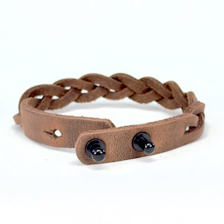 Leather Braid Bracelet Crazy Horse Tan closure with Black Posts - handmade leather bracelet - Lucky Dog Leather