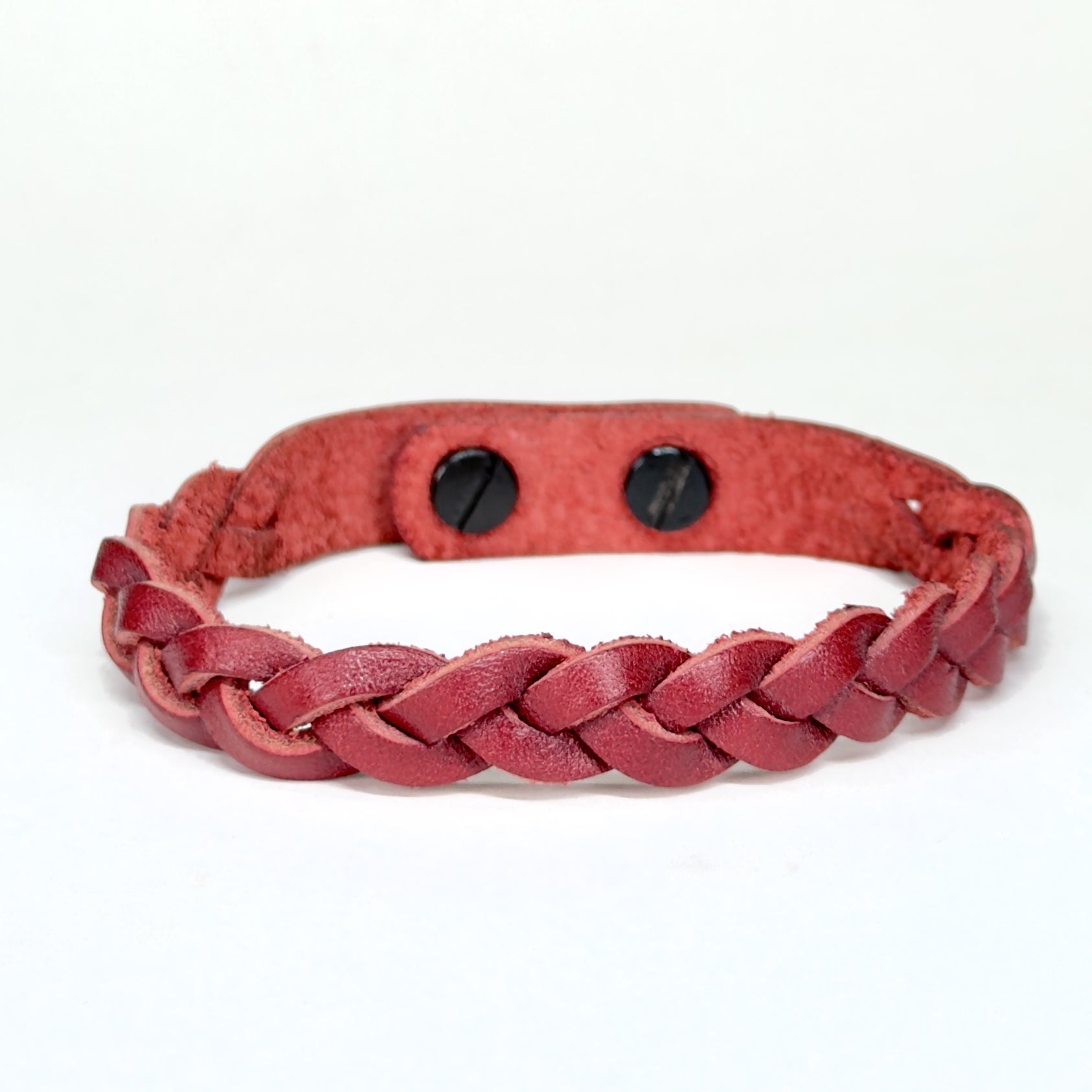 Leather Braid Bracelet in Red with Black Posts - handmade leather bracelet - Lucky Dog Leather