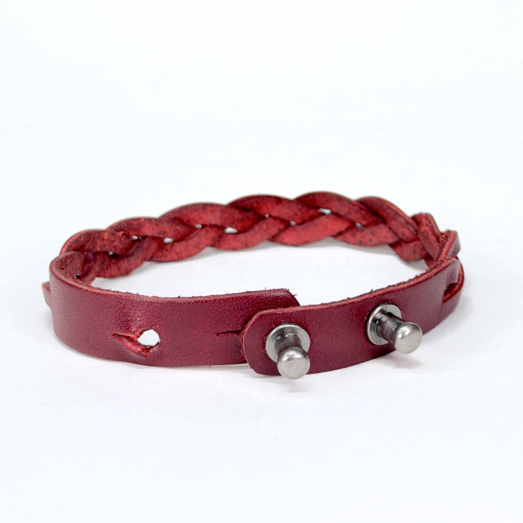 Leather Braid Bracelet red closure with Silver Posts - handmade leather bracelet - Lucky Dog Leather