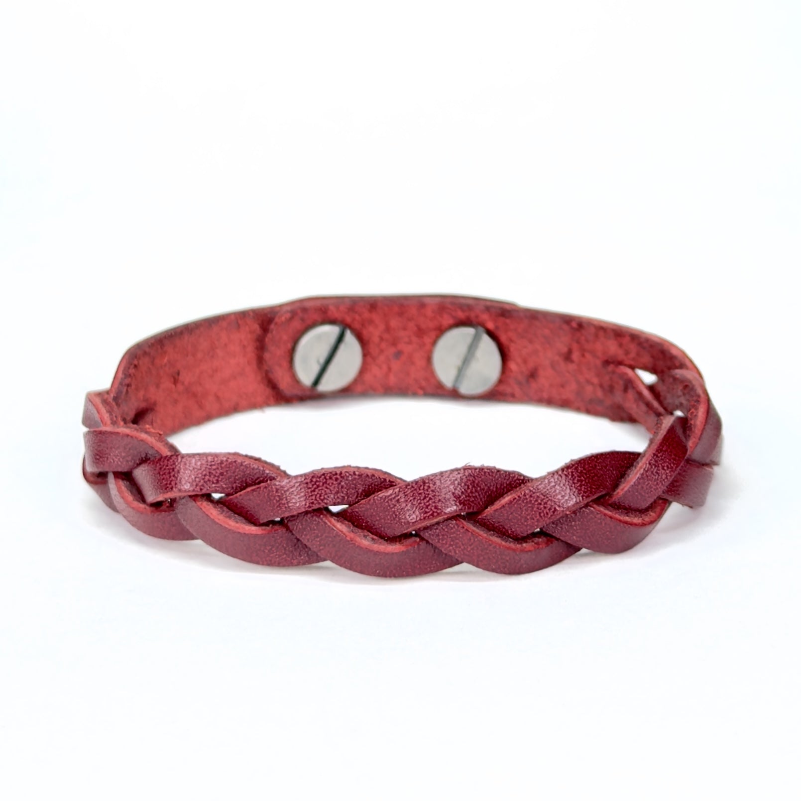 Leather Braid Bracelet in Red with Silver Posts - handmade leather bracelet - Lucky Dog Leather