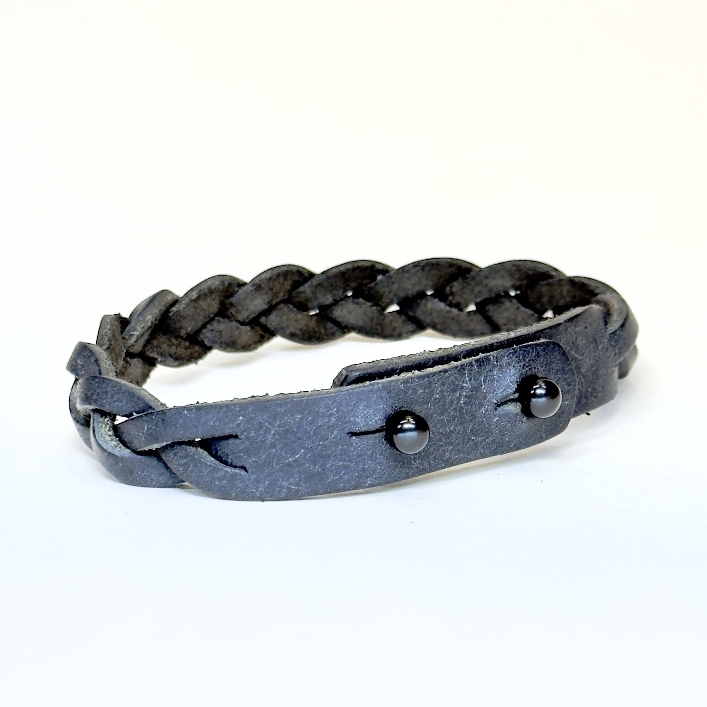 Premium Leather Braid Bracelet black post closure in Navy Blue - vegetable-tanned handmade - Lucky Dog Leather